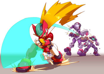 3boys armor attack blonde_hair crotch_plate energy_sword fins full_body galleon_(mega_man) green_eyes head_fins helmet holding holding_sword holding_weapon humanoid_robot long_hair male_focus mega_man_(series) mega_man_zx model_zx_(mega_man) multiple_boys power_armor red_armor red_helmet robot slashing sword tan vent_(mega_man) weapon yabe_makoto