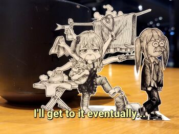 Rule 34 | aged down, apron, baby, bottle, carrying, clothes iron, crosshatching, crying, english text, facial hair, formal clothes, frown, frying pan, hatching (texture), highres, holding, holding frying pan, hololive, hoshimachi suisei, ironing, ironing board, jqhnharqld, monochrome, mustache, necktie, papakin (tokoyami towa), paper child, papercraft (medium), parody, photo (medium), sakura miko, side ponytail, slippers, spongebob squarepants (series), spray bottle, steam, subtitled, suit, tears, tokoyami towa, towel, twintails, unconventional media, vacuum cleaner, virtual youtuber