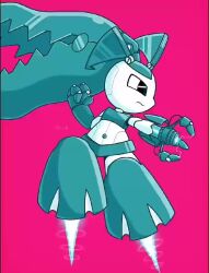 1girl aiming animated arm_cannon artist_name big_hair blue_eyes blue_shirt blue_skin blue_skirt clenched_hand closed_mouth color_guide colored_skin crop_top electricity extra_mouth female_focus flat_chest floating full_body fusion gen_3_pokemon gradient_background hand_up humanoid_robot jaggy_lines jenny_wakeman leg_up long_hair looking_to_the_side making-of mawaifu mawile mechanization microskirt multicolored_skin navel nintendo outstretched_arm pink_background pokemon pokemon_(creature) powering_up robot rocket sharp_teeth shirt sideways_mouth signature simple_background sketch skirt sleeveless sleeveless_shirt solo stomach teeth two-tone_skin video weapon white_background white_skin