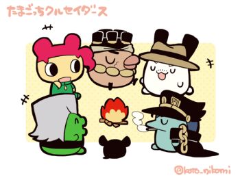 black_coat black_headwear brown_headwear campfire chain cigarette closed_eyes coat dreadlocks facial_hair grey_hair iggy_(jojo) jean_pierre_polnareff jojo_no_kimyou_na_bouken joseph_joestar joseph_joestar_(old) kakyoin_noriaki kotorai kuujou_joutarou mohammed_avdol mouth_hold mustache_stubble no_humans open_mouth red_hair scar scar_on_face smoking stardust_crusaders stubble tamagotchi tamagotchi_(classic) tamagotchi_(creature) translation_request twitter_username u_u