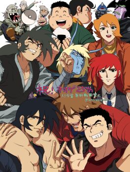 2girls 6+boys ^_^ anger_vein anniversary antennae arm_around_shoulder balding beard beniazumaru black_hair blonde_hair blue_skin brown_hair brown_jacket carrying chibi chibi_inset clenched_hand closed_eyes coke-bottle_glasses colored_skin commentary_request crooked_teeth crying cyborg daidou_gai doctor_shikishima dougi emperor_gol everyone facial_hair finger_counting food food_on_face formal_clothes general_bat geta getter_robo glasses green_eyes green_hair green_shirt grey_skin grin gun hand_up head_wings highres holding holding_food holding_gun holding_mini_person holding_weapon ichimonji_gou jack_king jacket jin_hayato lab_coat long_hair looking_at_viewer looking_back low_ponytail mary_king mini_person multiple_boys multiple_girls musashi_tomoe muscular muscular_male nagare_ryoma necktie neon_(getter_robo) object_through_head one_eye_closed onigiri open_mouth pompadour ponytail professor_saotome profile purple_skin raised_fist red_hair red_shirt salute scarf screw_in_head sharp_teeth shin_getter_robo_vs_neo_getter_robo shirt short_hair shoulder_carry smile sonar streaming_tears suit tachibana_shou tears teeth tongue tongue_out tooth_gap two-finger_salute undercut upper_teeth_only v v-shaped_eyebrows weapon wings wrist_wrap yellow_necktie yellow_scarf