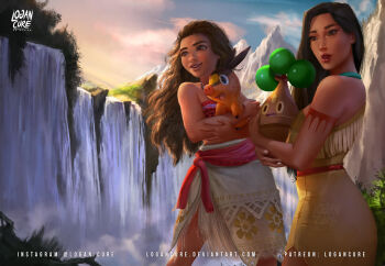 2girls artist_name black_hair bonsly brown_dress brown_eyes crossover dark-skinned_female dark_skin day deviantart_username dress gen_4_pokemon gen_5_pokemon highres holding holding_pokemon instagram_username logan_cure logo long_hair moana_(movie) moana_waialiki multiple_girls nintendo outdoors patreon_username pocahontas_(disney) pocahontas_(movie) pokemon pokemon_(creature) tepig water waterfall watermark web_address