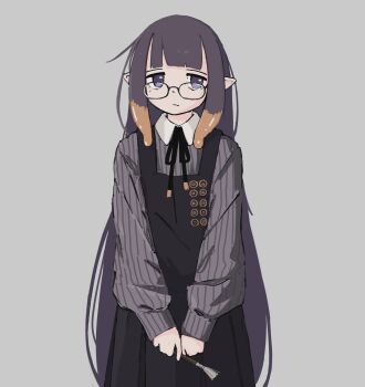1girl absurdres blunt_bangs collared_shirt commentary dress expressionless glasses hashtag-only_commentary highres holding holding_paintbrush hololive hololive_english long_hair long_sleeves looking_to_the_side multicolored_hair neck_ribbon ninomae_ina'nis ninomae_ina'nis_(casual) nyaausea orange_hair paintbrush pinafore_dress pointy_ears purple_eyes purple_hair ribbon shirt sleeveless sleeveless_dress solo striped_clothes striped_shirt tentacle_hair vertical-striped_clothes vertical-striped_shirt very_long_hair virtual_youtuber
