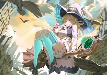 1girl absurdres android arm_support bird black_shoes blonde_hair blue_eyes breasts broom broom_riding building cloud commentary detached_sleeves dress eyewear_on_headwear floating flying full_body hand_up hanho hat highres hologram joints large_breasts long_hair long_sleeves looking_at_viewer mask original outdoors parted_lips respirator robot_joints shoes short_dress solo white_dress white_hat witch witch_hat