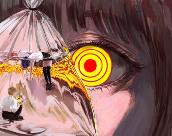 1boy 2girls bag black_skirt black_thighhighs blonde_hair chainsaw_man collared_shirt denji_(chainsaw_man) doeun_o_o highres in_bag in_container looking_at_viewer makima_(chainsaw_man) mini_person multiple_girls partially_submerged red_hair reze_(chainsaw_man) ringed_eyes shirt short_hair skirt sleeveless submerged thighhighs underwater water white_shirt yellow_eyes