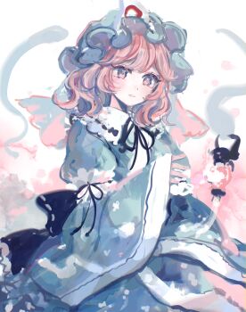 Rule 34 | 1girl, black ribbon, blue hat, blue kimono, commentary request, frilled kimono, frills, hat, highres, hitodama, japanese clothes, kimono, long sleeves, medium hair, mob cap, mozukuzu (manukedori), neck ribbon, pink background, pink eyes, pink hair, ribbon, saigyouji yuyuko, sleeve garter, smile, solo, touhou, triangular headpiece, wide sleeves