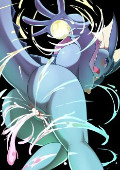 1girl :3 absurdres aftersex anus ass black_background blue_skin blush breasts colored_skin completely_nude cum cum_bending cum_in_pussy female_focus fins from_behind from_below furry furry_female gen_1_pokemon half-closed_eyes highres huge_ass kneepits large_breasts leaning_forward liquid looking_at_viewer looking_back nintendo nipples nude open_mouth orb personification pokemon pokemon_(creature) purple_eyes pussy simple_background solo standing tail_raised uncensored usamimi_(umisag85rabb99) vaporeon