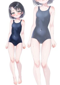 Rule 34 | 1girl, bare arms, bare legs, bare shoulders, barefoot, black hair, blush, breasts, collarbone, covered navel, fella (vpffk0731), full body, hair ornament, hairclip, highres, idolmaster, idolmaster cinderella girls, idolmaster cinderella girls u149, knees, looking at viewer, multiple views, one-piece swimsuit, petite, sasaki chie, school swimsuit, short hair, simple background, small breasts, solo, standing, swimsuit, thighs, white background