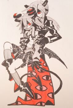1boy 1girl anten_(funamusea) demon_boy demon_girl demon_tail evil_grin evil_smile funamusea grin hanten_(funamusea) highres knifedragon looking_at_viewer red_eyes sharp_teeth shirt skirt slit_pupils smile tail teeth