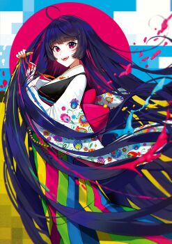 1girl abstract abstract_background absurdly_long_hair absurdres ahoge black_hair comb commentary_request floral_print floral_print_kimono highres hime_cut holding holding_comb japanese_clothes kimono long_hair matmaj multicolored_hair multicolored_nails obi open_mouth original paint paint_in_hair print_kimono red_eyes sash smile solo standing streaked_hair very_long_hair