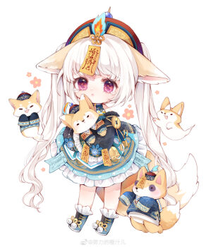 1girl absurdres animal_ears bare_shoulders black_boots black_sleeves blue_dress boots chibi chinese_clothes chinese_commentary circle_skirt closed_mouth coin commentary_request detached_sleeves dot_nose dress ears_down eyelashes footwear_ribbon fox fox_ears fox_girl fox_tail frilled_boots frilled_dress frilled_sleeves frills frown ghost_tail hat highres holed_coin jiangshi large_tail light_blush lips long_hair long_sleeves looking_at_viewer medium_dress miracle_nikki nikki_(series) nuli_de_chengzhi_er ofuda ofuda_on_head ominous_fox_trace_(miracle_nikki) pink_eyes pom_pom_(clothes) qingdai_guanmao ribbon sad simple_background sleeveless sleeveless_dress sleeves_past_fingers sleeves_past_wrists solo standing tail tearing_up triangular_headpiece twintails very_long_hair watermark wavy_hair weibo_watermark white_background white_hair wide_sleeves yellow_hat yellow_ribbon