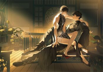 2boys black_changpao black_hair black_robe crossdressing crossdressing_(mtf) dress full_body hand_on_another&#039;s_shoulder high_collar high_heels highres indoors jewelry kim_dokja knee_up kyou_tayaoi leaning_back light_particles light_rays looking_at_another male_focus mandarin_collar multiple_boys omniscient_reader&#039;s_viewpoint outstretched_legs pelvic_curtain plant potted_plant robe scenery short_hair sidelighting sitting sitting_on_lap sitting_on_person sleeveless sleeveless_dress wooden_floor yaoi yoo_joonghyuk