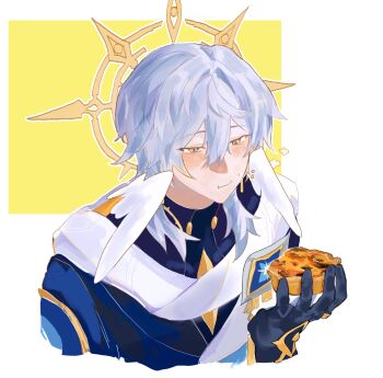 1boy blue_hair earrings eating food gloves halo halo_behind_head head_wings highres holding holding_food honkai:_star_rail honkai_(series) hood hood_down jewelry light_blush medium_hair piercing ring seniu872 simple_background sunday_(honkai:_star_rail) turtleneck wings yellow_eyes