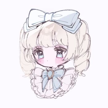 1girl blonde_hair blue_bow blue_bowtie blue_eyes blush bow bowtie closed_mouth commentary_request cropped_shoulders hair_bow medium_hair original shirt simple_background solo twintails upache white_background white_shirt