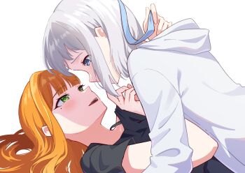 2girls black_shirt blue_eyes blue_ribbon blush commentary_request gakuen_idolmaster green_eyes hair_down highres hood hoodie hyoe_(hachiechi) idolmaster katsuragi_lilja long_hair mole mole_under_eye multiple_girls orange_hair parted_lips ribbon shirt shiun_sumika simple_background smile white_background white_hoodie yuri