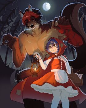 1boy 1girl alternate_costume animal_ear_fluff animal_ears apron basket belle_(zenless_zone_zero) black_hair blue_hair body_fur breath brown_tail claw_pose cloak collar commentary dress drooling ear_piercing english_commentary fangs feet_out_of_frame forest frilled_sleeves frills green_eyes hair_between_eyes hair_ornament hairclip hand_on_own_chest highres holding holding_basket holding_lantern hood hooded_cloak knees_together_feet_apart komano_manato lantern layered_dress leg_fur looking_at_another looking_to_the_side monster moon multicolored_hair multiple_scars muscular muscular_male nature night night_sky nipples open_mouth outdoors pantyhose parted_lips pectorals piercing red_bandage red_collar red_dress red_eyes red_hair red_hood riinchu saliva scar scar_across_eye scar_on_arm scar_on_chest scar_on_face scared short_hair sky star_(sky) starry_sky sweatdrop tree twitter_username waist_apron white_apron white_pantyhose white_sleeves zenless_zone_zero