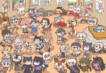 1boy 6+girls :&lt; :3 ;) ^_^ alpine_marmot_(kemono_friends) animal_ears antelope_ears antelope_horns arctic_hare_(kemono_friends) arm_support arms_behind_back atlantic_puffin_(kemono_friends) aurochs_(kemono_friends) badger_ears bald_eagle_(kemono_friends) beanie bear_ears big_hair bird_girl bird_tail bird_wings biting black_eyes black_hair black_jaguar_(kemono_friends) black_leopard_(kemono_friends) blackbuck_(kemono_friends) blue_eyes bow bowtie breasts bridle brown_bear_(kemono_friends) brown_eyes brown_hair brown_sports_bra brown_thoroughbred_(kemono_friends) captain_(kemono_friends) cat_(kemono_friends) cat_ears cetacean_tail chibi cleavage closed_eyes closed_mouth common_dolphin_(kemono_friends) common_raccoon_(kemono_friends) cow_ears cow_horns crescent crescent_hair_ornament dancing dark-skinned_female dark_skin day dhole_(kemono_friends) dog_(mixed_breed)_(kemono_friends) dog_(shiba_inu)_(kemono_friends) dog_ears dog_girl dog_tail dolphin_girl dorsal_fin dress elbow_gloves elbow_rest empty_eyes everyone expressionless extra_ears fang fangs fennec_(kemono_friends) fins fish_tail fox_ears fox_girl fox_tail fur_collar glasses gloves western_lowland_gorilla_(kemono_friends) greater_bird-of-paradise_(kemono_friends) green_hair grey_hair hair_ornament hair_over_one_eye halftone halftone_background hand_on_own_cheek hand_on_own_face hands_up hat head_fins head_rest head_wings heart heart-shaped_eyewear heterochromia highres hippopotamus_(kemono_friends) hood hood_up hooded_jacket horns horse_ears indian_wolf_(kemono_friends) indoors island_fox_(kemono_friends) jacket jaguar_ears leopard_print japanese_crested_ibis_(kemono_friends) japanese_wolf_(kemono_friends) jitome kemono_friends kemono_friends_3 king_cobra_(kemono_friends) kneeling kotatsu kotobuki_(tiny_life) leaning_back leaning_forward leopard_ears light_brown_hair lion_(kemono_friends) lion_ears long_hair long_sleeves looking_at_another looking_at_viewer lucky_beast_(kemono_friends) lying malayan_tapir_(kemono_friends) medium_hair meerkat_(kemono_friends) meerkat_ears mountain_tapir_(kemono_friends) multicolored_hair multiple_girls nana_(kemono_friends) narwhal_(kemono_friends) necktie official_alternate_costume okapi_(kemono_friends) okapi_ears okapi_tail okinawa_habu_(kemono_friends) on_back on_stomach one_eye_closed open_mouth orange_eyes outstretched_arms cow_ears cow_horns pallas&#039;s_cat_(kemono_friends) pants parted_lips paw_pose photo_(object) pink_hair plains_zebra_(kemono_friends) pointing pointing_at_another polar_bear_(kemono_friends) poster_(object) print_gloves print_skirt purple_hair rabbit_ears raccoon_ears raccoon_girl raccoon_tail red_hair red_jacket red_pants red_track_suit sable_(kemono_friends) shirt shoes short-sleeved_sweater short_sleeves siberian_husky_(kemono_friends) side_ponytail sidelocks sign sitting skirt smile snake_tail southern_tamandua_(kemono_friends) sports_bra spread_arms standing star-shaped_eyewear star_(symbol) steller&#039;s_sea_lion_(kemono_friends) streaked_hair stretching striped_tail sunglasses sweat sweater table tail tamandua_tail tan tapir_ears tibetan_fox_(kemono_friends) tongue tongue_out track_jacket track_pants track_suit tsurime twintails under_kotatsu under_table v v-shaped_eyebrows vest white_hair window wings wolf_ears wolf_girl wolf_tail wolverine_(kemono_friends) wooden_floor yak_(kemono_friends) yellow_eyes yoga zebra_ears
