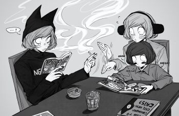 3boys absurdres aged_down animal_ears animal_hat book cat_hat chair child cigarette cigarette_holder english_text facial_mark fake_animal_ears fanning greyscale hat highres holding holding_book holding_cigarette imnotrlup luther_von_ivory male_focus manga_(object) meowing monochrome multiple_boys nyen_(randal's_friends) nyon_(randal's_friends) randal's_friends reading short_hair sitting smoke table whisker_markings