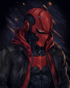 Rule 34 | 1boy, batman (series), batman symbol, black bodysuit, bodysuit, commentary, dc comics, english commentary, highres, jacket, jason todd, jaydillone, male focus, mask, multicolored bodysuit, muscular, muscular male, open clothes, red hood (dc), red mask, superhero costume, taut bodysuit, two-tone bodysuit