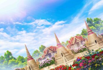 absurdres blue_sky building cloud cloudy_sky commentary_request day flower highres jongmin no_humans original outdoors pink_flower red_flower scenery sky sun temple tree