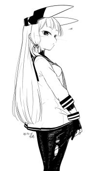 Rule 34 | 1girl, artist name, blunt tresses, dated, dress, feet out of frame, floating headgear, gloves, hair ribbon, headgear, high contrast, highres, hikashima (shiofune), kantai collection, monochrome, murakumo (kancolle), pantyhose, partially fingerless gloves, ribbon, sailor dress, solo, torn clothes, torn pantyhose, tress ribbon