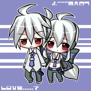 ahoge bad_id bad_pixiv_id bare_shoulders belt blush bow chibi cigarette crop_top detached_sleeves english_text frown hair_bow headphones holding_hands honne_dell long_hair necktie open_mouth ponytail red_eyes shirt square-end_necktie standing syounenalice_kai vocaloid white_hair yowane_haku