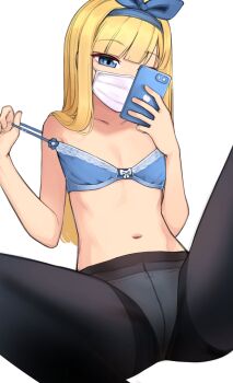 1girl absurdres black_pantyhose blonde_hair blue_bra blunt_bangs borrowed_character bra bra_pull clothes_pull collarbone covered_mouth erika_(popopoka) feet_out_of_frame flat_chest hairband highres long_hair looking_at_viewer mask mouth_mask navel original panties panties_under_pantyhose pantyhose smile solo spread_legs stomach strap_pull surgical_mask underwear undressing white_background white_panties yeun
