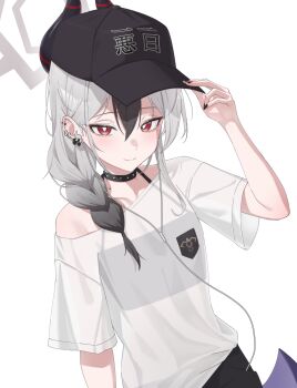 1girl adjusting_clothes adjusting_headwear black_choker black_hair black_hat black_horns black_nails blue_archive braid choker closed_mouth commentary_request demon_horns dutch_angle ear_piercing earphones earrings gradient_hair grey_hair hair_over_shoulder halo hat highres horns jewelry kayoko_(blue_archive) long_hair looking_at_viewer mole mole_on_neck multicolored_hair partial_commentary piercing ran_(gcrm8377) red_eyes shirt short_sleeves simple_background single_wing smile solo upper_body white_background white_shirt wings