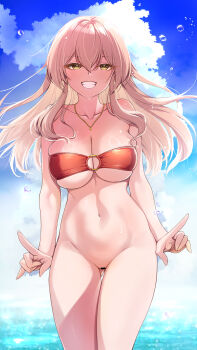 1girl bikini blue_sky blush bottomless breasts cleavage cloud cloudy_sky collarbone day hair_between_eyes highres idolmaster idolmaster_cinderella_girls jougasaki_mika large_breasts long_hair looking_at_viewer mk_(mod0) navel ocean outdoors pink_hair red_bikini sky smile solo stomach swimsuit thighs yellow_eyes