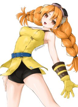 1girl aika_(eternal_arcadia) belt braid breasts chaesu earrings eternal_arcadia gloves goggles goggles_on_head highres jewelry legs medium_breasts orange_hair solo thighs twin_braids