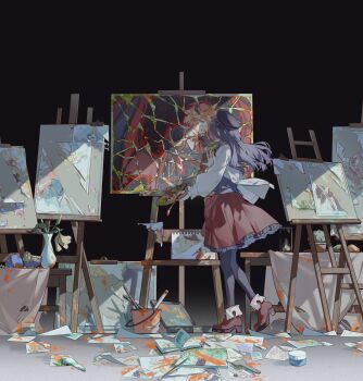 Rule 34 | 1boy, 1girl, absurdres, ankle boots, art brush, ascot, beret, black background, black cloak, black hair, black hat, black horns, black pantyhose, blonde hair, blue eyes, blue vest, book, boots, box, braid, broken, brown boots, bucket, cactus, canvas (object), cardigan, chinese commentary, cloak, curtained hair, demon boy, demon horns, drawing (object), easel, faberge egg, facing away, flower, fold-over boots, frilled skirt, frilled sleeves, frills, full body, gradient background, hat, heroine (lovebrush chronicles), highres, holding, holding paint palette, holding paintbrush, horns, hourglass, iris (flower), lars rorschach, lars rorschach (until the end of time), long hair, long sleeves, looking at object, lovebrush chronicles, low ponytail, medium skirt, open book, open cardigan, open clothes, paint palette, paint splatter, paint tube, paintbrush, painting (object), palms together, pantyhose, paper, parted lips, plant, pleated skirt, ponytail, portrait, portrait (object), potted plant, red ascot, red skirt, red wings, shirt, side braid, simple background, skirt, solo, standing, table, tablecloth, too many, torn painting, torn paper, torn wings, tulip, two-tone wings, vase, vest, white cardigan, white shirt, wilted flower, wings, yellow flower, yellow tulip, z6