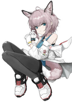 1girl absurdres an_yb animal_ear_fluff animal_ears arknights black_pantyhose black_shorts blue_shirt brown_hair chinese_commentary coat commentary fox_ears fox_girl fox_tail frown gloves green_eyes highres infection_monitor_(arknights) knees_up looking_at_viewer material_growth off_shoulder oripathy_lesion_(arknights) pantyhose shirt shoes short_hair shorts simple_background sneakers solo spaghetti_strap sussurro_(arknights) tail white_background white_coat white_gloves white_shoes