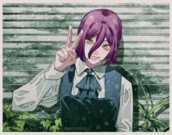 1girl artist_name blue_dress chainsaw_man collared_shirt dress green_eyes grin hair_between_eyes highres long_sleeves looking_at_viewer pinafore_dress plant purple_hair reze_(chainsaw_man) shirt sleeveless sleeveless_dress smile solo teeth v val_2 white_shirt