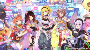 5girls ^_^ ahoge android animal_ears apron arcade artist_request asymmetrical_legwear black_collar black_dress black_gloves black_hairband black_socks black_thighhighs blonde_hair blue_pants bone_hair_ornament braid brown_hair cat_ears cat_girl cat_tail closed_eyes collar commentary_request confetti crop_top crossed_bangs detached_collar detached_sleeves dress earrings feather_earrings feathers frilled_apron frilled_dress frills gingham_clothes gingham_dress gloves gradient_hair green_feathers green_hair hair_between_eyes hair_flaps hair_ornament hairband hand_on_own_hip highres hololive hololive_dreams hololive_english hololive_indonesia indoors inugami_korone jacket jersey_maid jewelry kaela_kovalskia kfp_employee_(takanashi_kiara) kneehighs long_hair long_sleeves looking_at_another low_twin_braids maid maid_headdress mechanical_hands mechanical_legs midriff multicolored_hair multiple_girls navel neck_ribbon nekomata_okayu official_alternate_costume official_art orange_hair pants pink_jacket pink_socks pink_thighhighs pleated_dress puffy_long_sleeves puffy_short_sleeves puffy_sleeves purple_eyes purple_hair purple_jacket red_dress red_eyes ribbon roboco-san robosaa_(roboco) second-party_source shoes short_dress short_sleeves shorts shorts_under_dress single_detached_sleeve single_kneehigh single_sock single_thighhigh sitting sneakers socks standing swept_bangs tail takanashi_kiara tank_top thighhighs twin_braids unconventional_maid uneven_legwear virtual_youtuber visor_cap waist_apron waitress white_apron white_dress white_tank_top yellow_dress yellow_eyes yellow_shorts