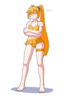1girl akita_neru barefoot bikini blonde_hair full_body hashtag-only_commentary highres kanbaru_mitsuki long_hair looking_at_viewer side_ponytail solo standing swimsuit thigh_strap very_long_hair vocaloid watermark white_background yellow_bikini yellow_eyes