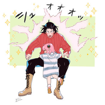 Rule 34 | 1boy, 1girl, absurdres, ahoge, anya (spy x family), awarinko, black hair, black pants, blush, boots, brown boots, closed eyes, closed mouth, dress, fur-trimmed boots, fur trim, green background, hair between eyes, highres, hood, hood down, hooded dress, hug, kneepits, lace-up boots, long sleeves, open mouth, pants, pink hair, puffy long sleeves, puffy sleeves, red eyes, shoe soles, sleeves past wrists, small sweatdrop, smile, socks, spy x family, standing, standing on one leg, striped clothes, striped dress, sweat, tiptoes, two-tone background, v-shaped eyebrows, white background, white socks, yuri briar