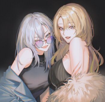 2girls absurdres arm_tattoo bare_shoulders black_background black_shirt blonde_hair bloom blue_eyes breasts chest_tattoo commentary film_grain fur_shawl genderswap genderswap_(mtf) glasses hair_between_eyes highres jacket jewelry kaelix_debonair kaohom503 large_breasts long_hair looking_at_viewer luca_kaneshiro multiple_girls necklace nijisanji nijisanji_en off_shoulder one_eye_closed open_clothes open_jacket open_mouth parted_lips shawl shirt sideboob sleeveless sleeveless_shirt smile striped_clothes striped_shirt subsurface_scattering tattoo upper_body virtual_youtuber white_hair