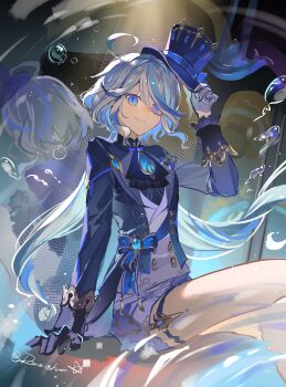 Rule 34 | 1girl, absurdres, ahoge, ascot, asymmetrical gloves, blue ascot, blue eyes, blue gem, blue hair, blue hat, blue jacket, closed mouth, commentary request, feet out of frame, furina (genshin impact), gem, genshin impact, gloves, hair between eyes, hand on headwear, hat, heterochromia, highres, hydro symbol (genshin impact), jacket, long hair, long sleeves, looking at viewer, mismatched gloves, mismatched pupils, multicolored hair, ranersha1, smile, solo, streaked hair, symbol-shaped pupils, top hat, twitter username, vest, vision (genshin impact), white hair, white vest