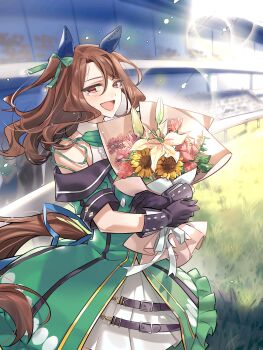 Rule 34 | 1girl, absurdres, auditorium, black gloves, brown hair, crowd, dress, ear covers, flower, gloves, grass, green dress, highres, holding, holding flower, horse racing track, king halo (umamusume), layered dress, lifankanglzj, looking at viewer, meadow, off shoulder, open mouth, outdoors, red eyes, solo, umamusume