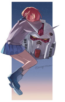 1girl amate_yuzuriha ankle_boots aqua_shirt aqua_skirt artist_name black_shoes boots closed_eyes collared_shirt commentary_request crying gundam gundam_gquuuuuux head_rest highres long_sleeves moge31wow pleated_skirt red_hair rx-78-2_gundam sad school_uniform shirt shoes short_hair skirt socks solo star_(sky) starry_sky_background striped_clothes striped_socks sweater twitter_username white_sweater