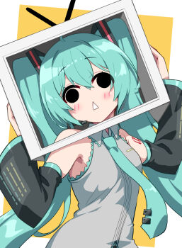 Rule 34 | aqua hair, aqua necktie, black eyes, black sleeves, blush, collared shirt, detached sleeves, hatsune miku, highres, kouki kuu, looking at viewer, necktie, niconico, rabbit ears antenna, shirt, simple background, tattoo, television, terebi-chan, tie clip, triangle mouth, twintails, vocaloid