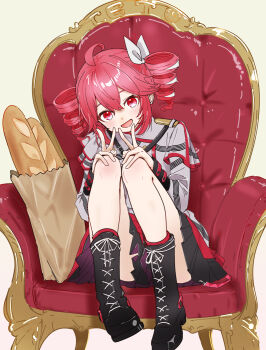 1girl :d ahoge baguette belt black_belt black_boots boots bow bread commentary_request convenient_skirt double-parted_bangs fingernails food grey_jacket grey_skirt hair_between_eyes hair_bow highres jacket kasane_teto kasane_teto_(sv) lace-up_boots layered_sleeves long_hair_between_eyes long_sleeves on_throne open_mouth red_eyes red_hair red_socks red_trim short_over_long_sleeves short_sleeves shoulder_belt sitting skirt skirt_set sleeve_cuffs smile socks synthesizer_v throne utau white_bow yukihane_(snowowl515)