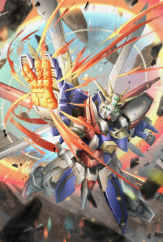 absurdres bakunetsu_god_finger energy_ring g_gundam glowing glowing_hand glowing_hands god_gundam gundam highres mecha no_humans robot rubble super_robot troy_(oxaa01ex) v-fin