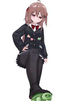 1boy 1girl absurdres ahoge badge black_cardigan black_pantyhose black_skirt bow bowtie broken_heart broken_heart_hair_ornament brown_hair button_badge cardigan closed_mouth commentary dcmec dress_shirt english_commentary evil_neuro-sama feet hair_between_eyes hair_ribbon hand_on_own_hip heart highres long_hair long_sleeves miniskirt neuro-sama no_shoes pantyhose red_bow red_bowtie red_eyes red_ribbon ribbon shirt skirt stepped_on two_side_up vedal987 vedal_ai virtual_youtuber white_shirt