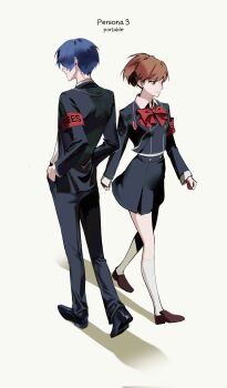 1boy 1girl armband black_jacket black_pants black_shoes black_skirt blue_hair bow brown_hair brown_shoes closed_mouth collared_shirt copyright_name cropped_jacket full_body gekkoukan_high_school_uniform hair_over_eyes hands_in_pockets hashtag-only_commentary headphones highres jacket kneehighs long_sleeves male_focus neck_ribbon nxxyxtx pants persona persona_3 persona_3_portable red_armband red_bow red_eyes ribbon school_uniform shiomi_kotone shirt shoes short_hair simple_background skirt smile socks walking white_background white_shirt white_socks yuuki_makoto_(persona_3)