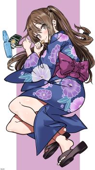 1girl absurdres aiuti blue_kimono blush bottle brown_eyes brown_hair cookie food full_body girls&#039;_frontline highres holding holding_cookie holding_food japanese_clothes k2_(girls&#039;_frontline) kimono long_hair long_sleeves looking_at_viewer lying obi on_side print_kimono purple_sash ramune sandals sash smile solo yukata