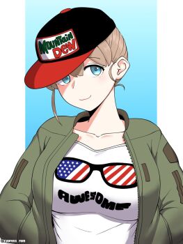 1girl alternate_costume alternate_hairstyle american_flag american_flag_print baseball_cap black_hat blue_eyes breasts brown_hair commentary_request cypress_(hinokidou) flag_print green_jacket hands_in_pockets hat highres intrepid_(kancolle) jacket kantai_collection large_breasts mountain_dew short_hair solo upper_body