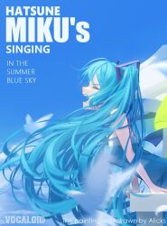 Rule 34 | 1girl, alicks (pixiv 19241330), bird, blue dress, blue hair, blue sky, closed eyes, cloud, cloudy sky, commentary, day, dress, english commentary, english text, hair ornament, hatsune miku, highres, leaning forward, long hair, looking at viewer, outdoors, sky, sleeveless, sleeveless dress, solo, standing, teeth, twintails, upper teeth only, very long hair, vocaloid