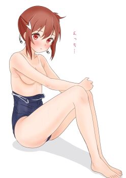 1girl :o bare_arms bare_legs bare_shoulders barefoot blue_one-piece_swimsuit blush breasts brown_eyes brown_hair cleavage clothes_pull collarbone commentary_request convenient_arm convenient_censoring from_side full_body hair_between_eyes hair_ornament hair_ribbon hand_on_own_knee hands_on_own_knees highres knees_up legs looking_at_viewer man12sikata-04 medium_breasts one-piece_swimsuit one-piece_swimsuit_pull one-piece_tan parted_lips red_eyes ribbon school_swimsuit shadow short_hair side_ponytail sidelocks simple_background sitting small_breasts solo sweat swimsuit tan tanline toes translated wet white_background white_ribbon yuuki_yuuna yuuki_yuuna_wa_yuusha_de_aru yuusha_de_aru