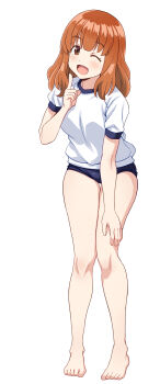 1girl ;d absurdres barefoot blue_buruma brown_eyes brown_hair buruma commentary_request full_body girls_und_panzer gym_shirt hand_on_own_knee highres knees legs long_hair looking_at_viewer one_eye_closed open_mouth ponzu_rui shirt short_sleeves simple_background smile solo standing takebe_saori teeth thighs toes tongue upper_teeth_only white_background white_shirt